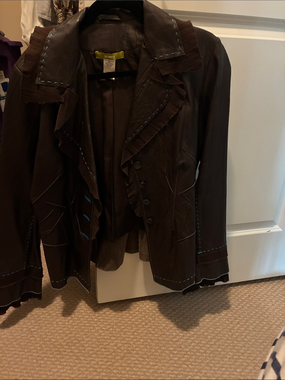 Acorn Dark Brown Leather Jacket with Ruffle Trim